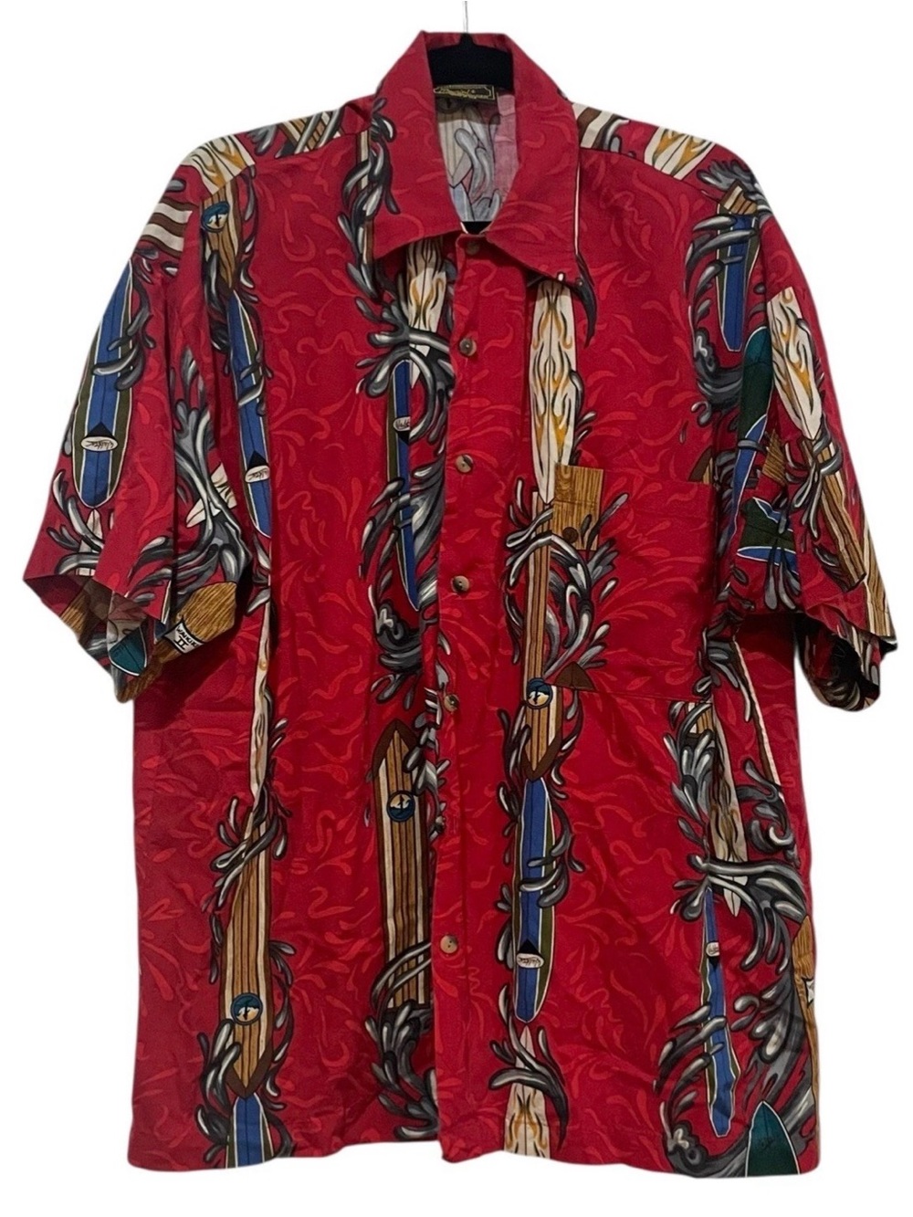 Monzini Collection Hawaiian Shirt Mens Large Red Surfboard Surf Waves Button Up